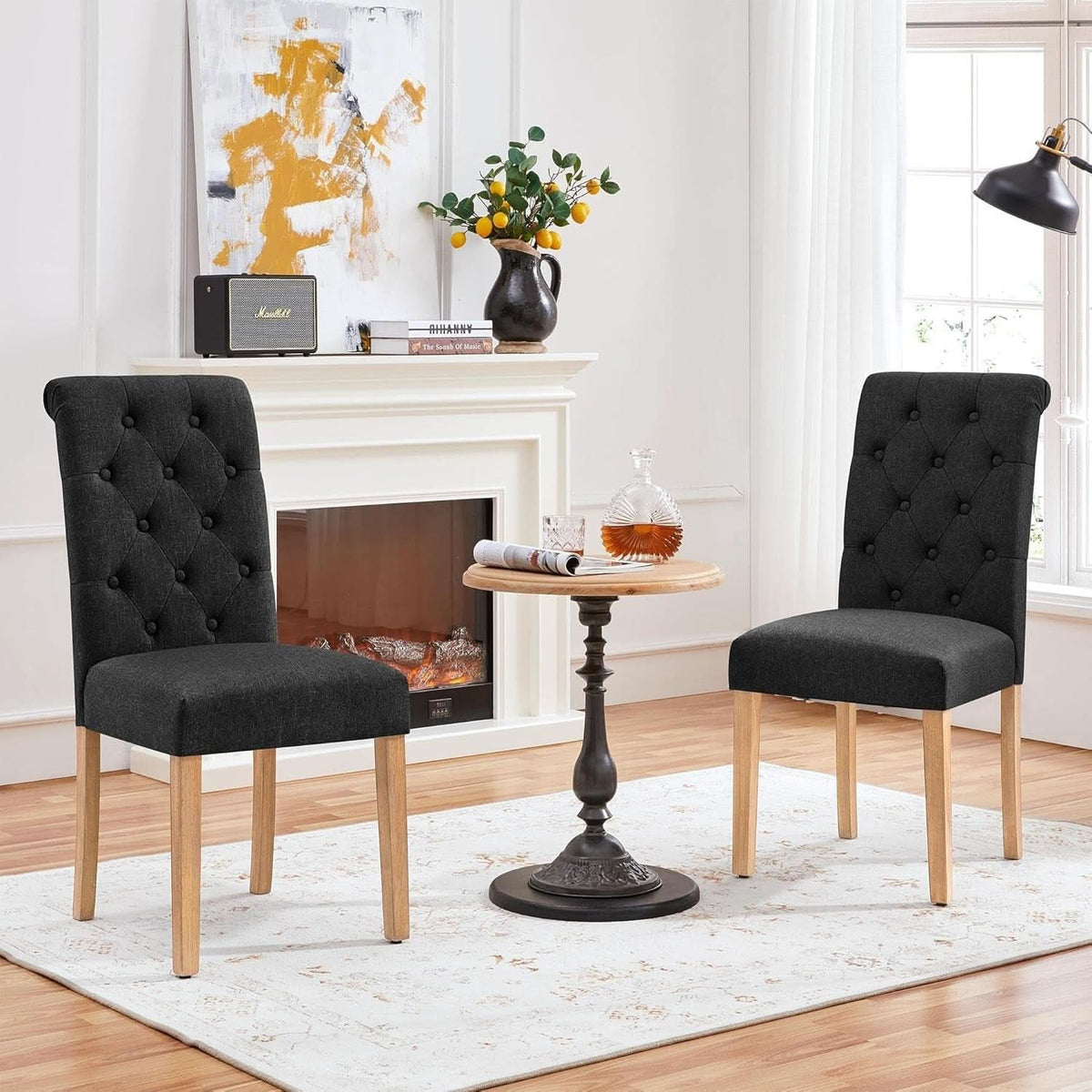Tufted Upholstered Dining Chair Pair With Solid Wood Legs Black