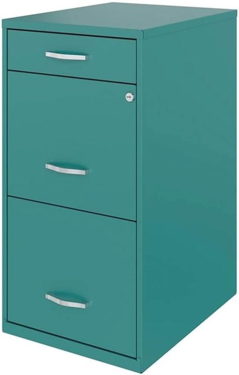 Turquoise Metal 3 Drawer Vertical Filing Cabinet Lockable 27.32 Inch Pre Assembled For Home Or Office
