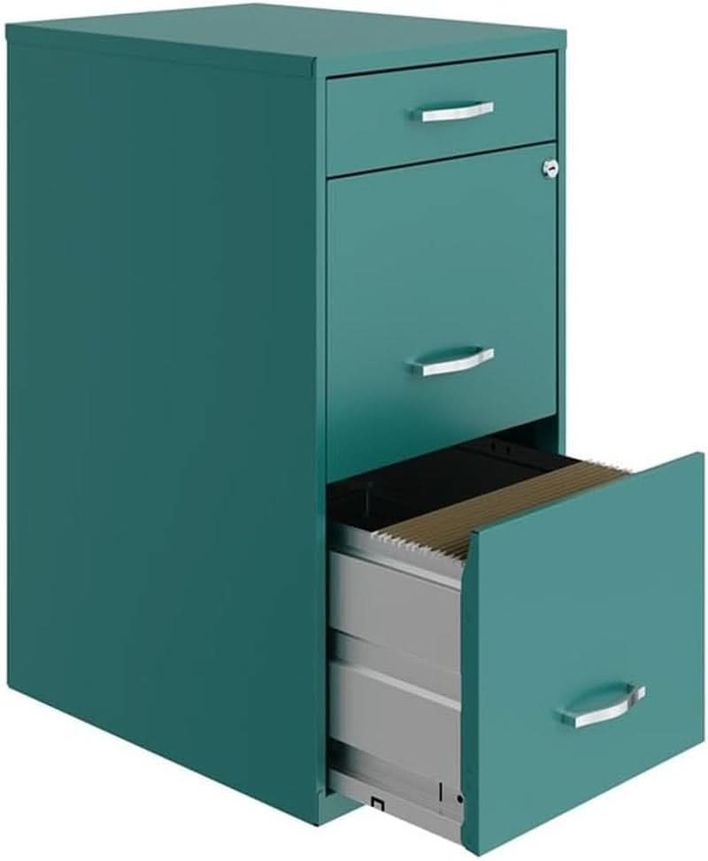 Turquoise Metal 3 Drawer Vertical Filing Cabinet Lockable 27.32 Inch Pre Assembled For Home Or Office