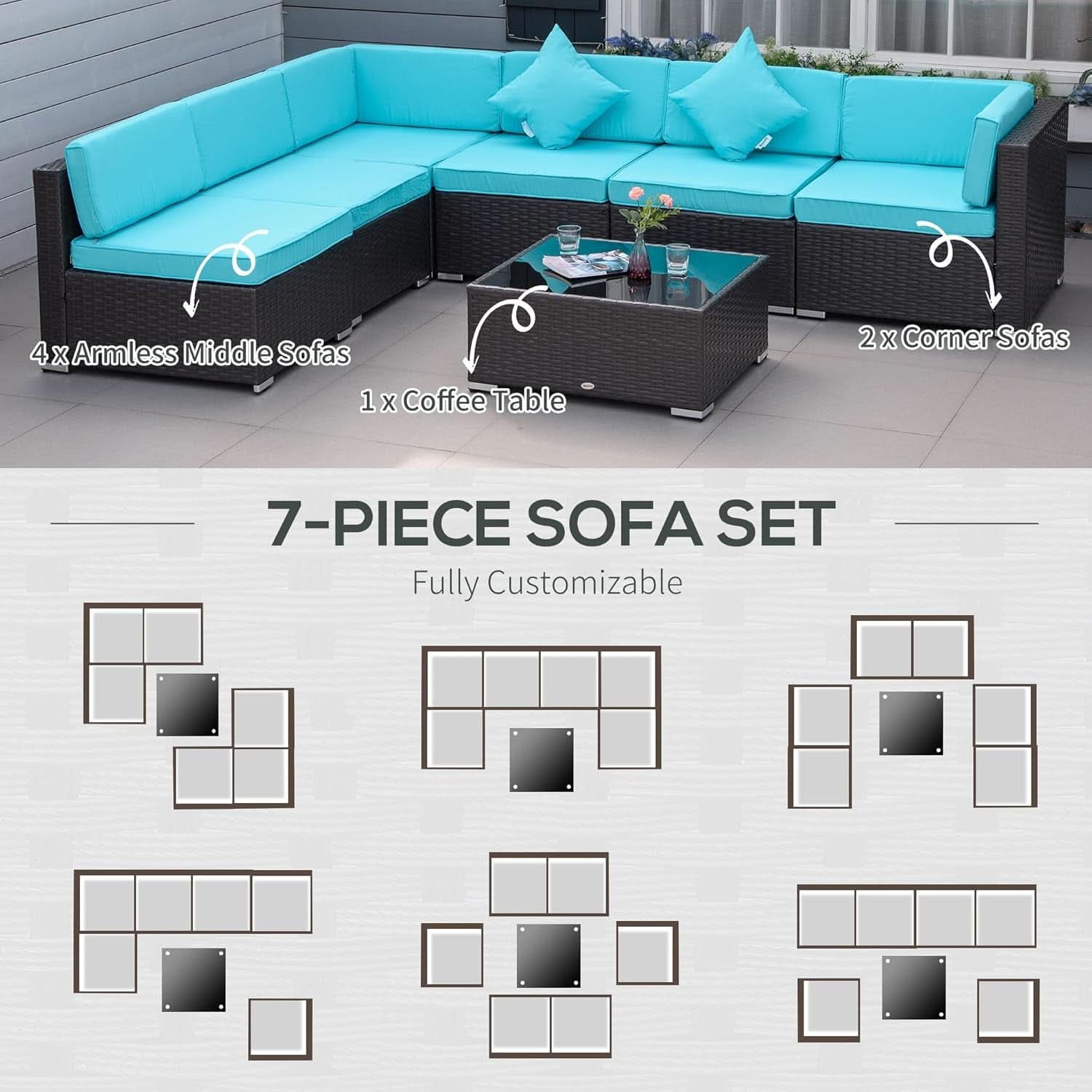 Turquoise Seven-Piece Outdoor Wicker Sectional Sofa Set