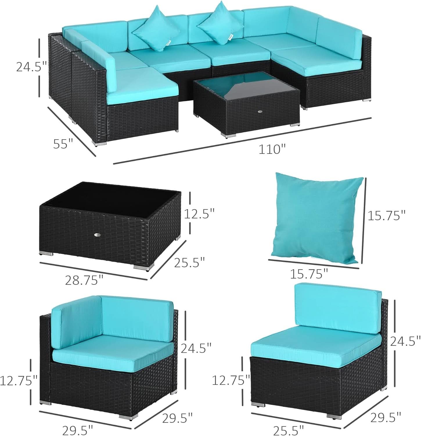 Turquoise Seven-Piece Outdoor Wicker Sectional Sofa Set