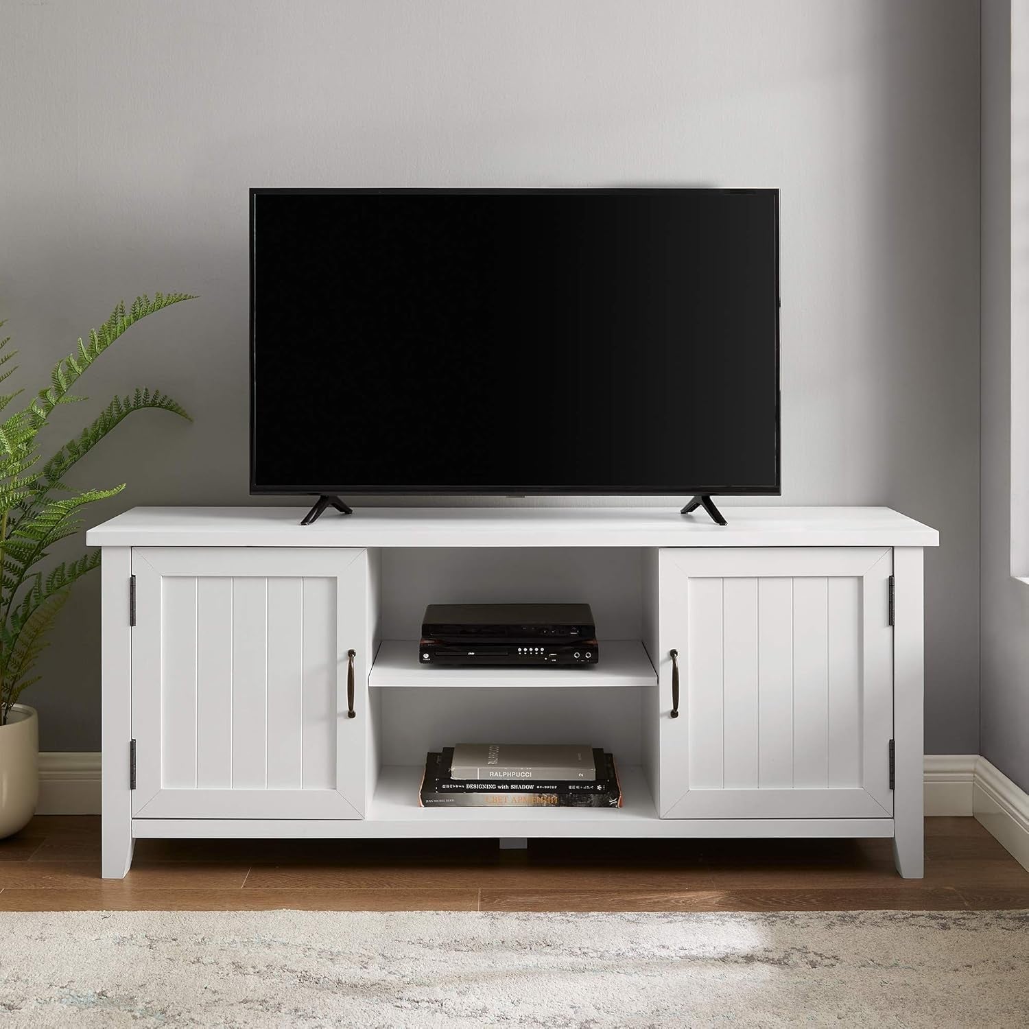 Tv Stand 58In Grooved Doors Sleek Open Design For 65In TVs