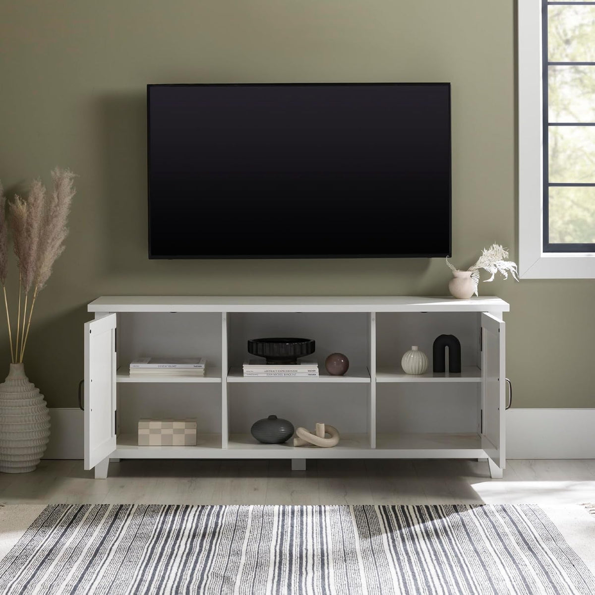 Tv Stand 58In Grooved Doors Sleek Open Design For 65In TVs