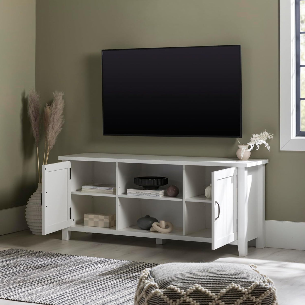 Tv Stand 58In Grooved Doors Sleek Open Design For 65In TVs