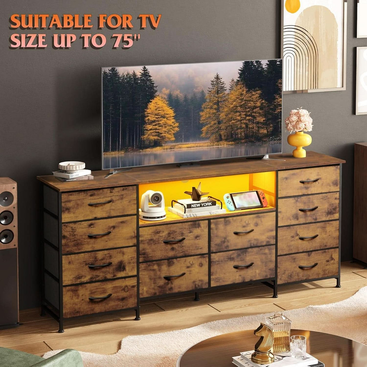 Twelve Drawer Dresser LED TV Stand Rustic Brown Finish