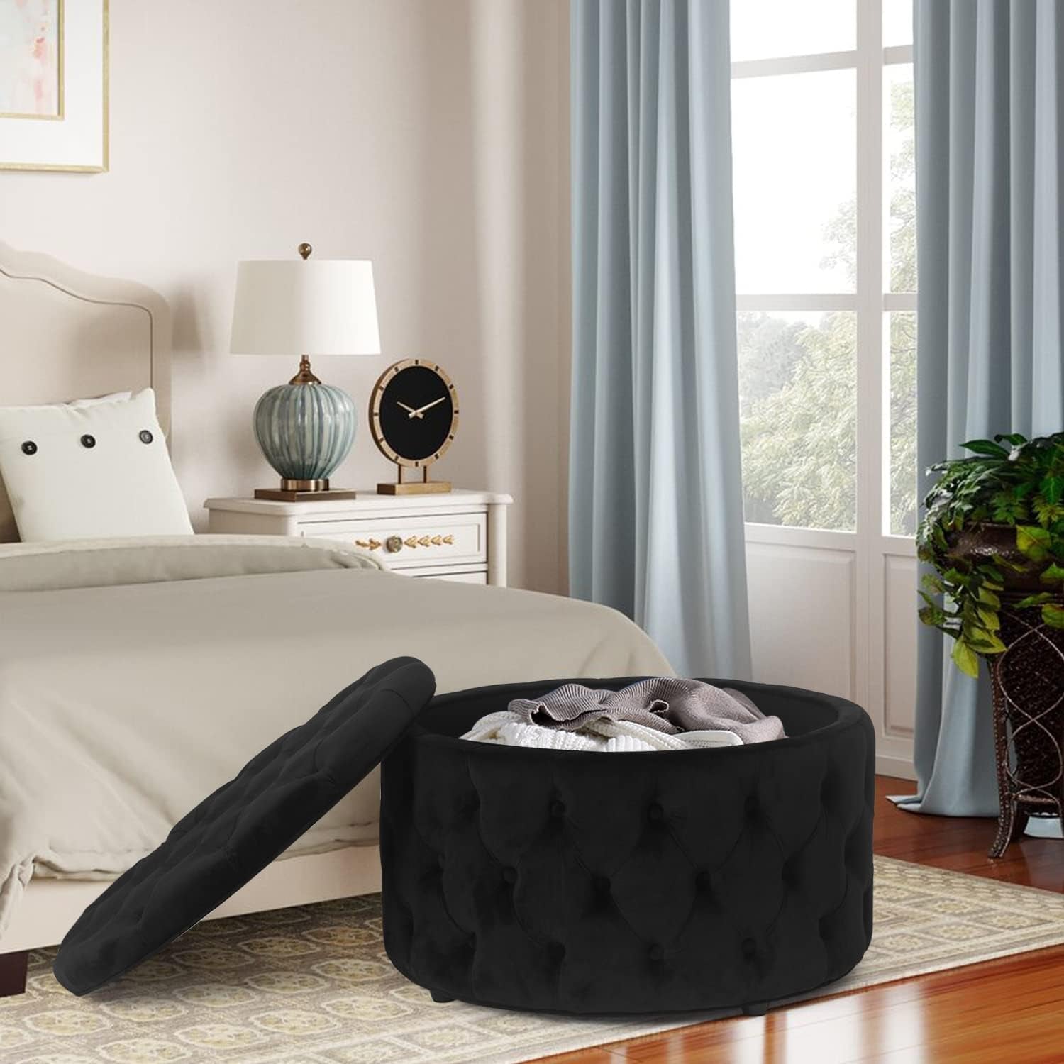 Twenty EightInch Velvety Round Storage Ottoman Black Tufted