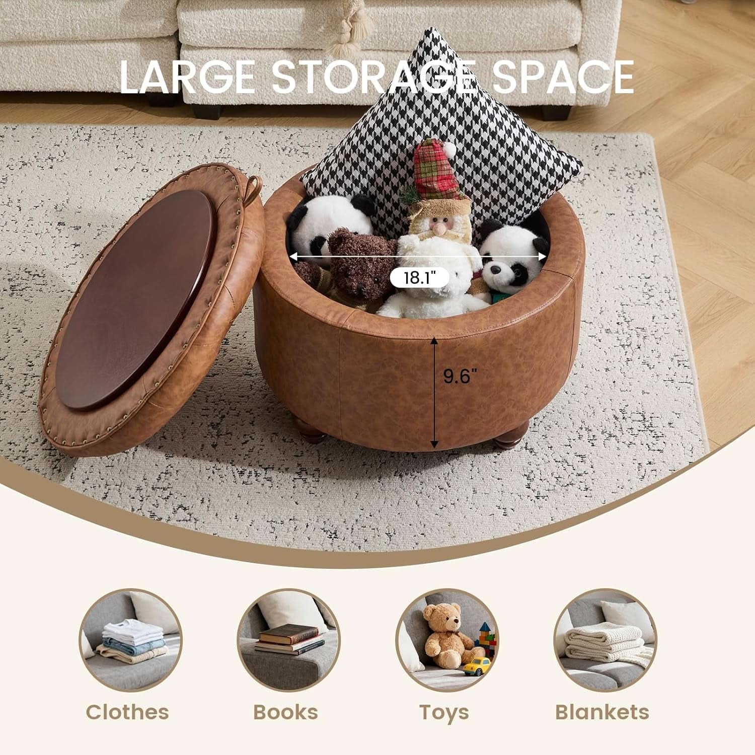 Twenty FourInch Round PU Leatherette Storage Ottoman