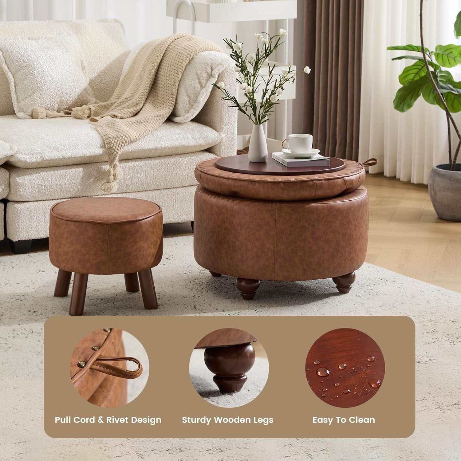 Twenty FourInch Round PU Leatherette Storage Ottoman