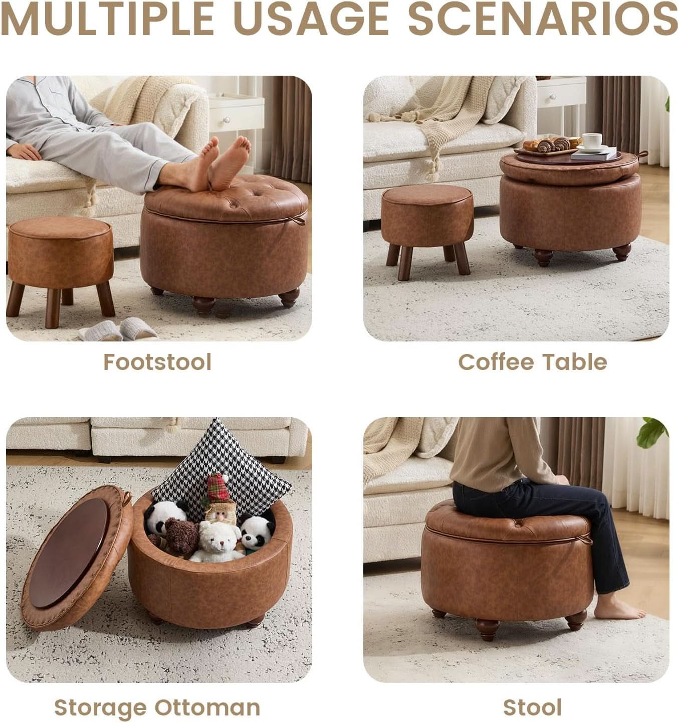 Twenty FourInch Round PU Leatherette Storage Ottoman