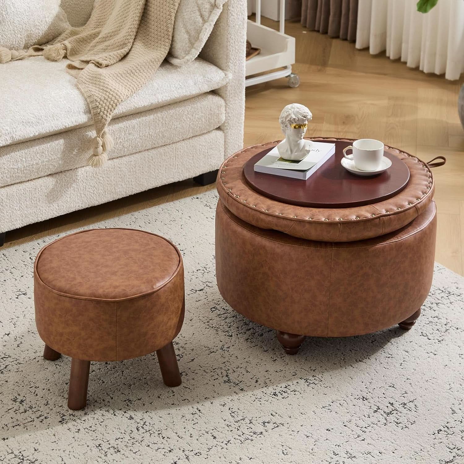 Twenty FourInch Round PU Leatherette Storage Ottoman