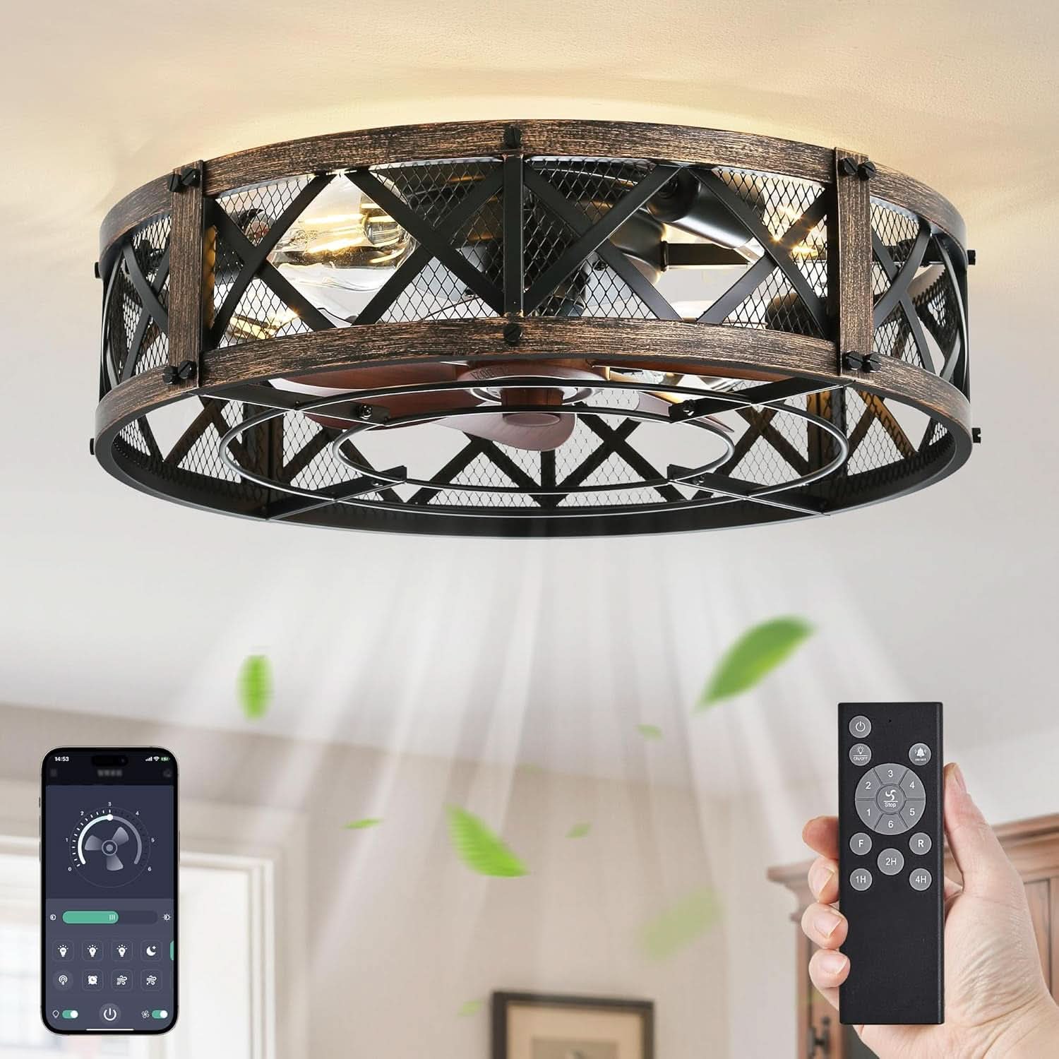 Twenty Inch Caged Ceiling Fan With Integrated Light Black