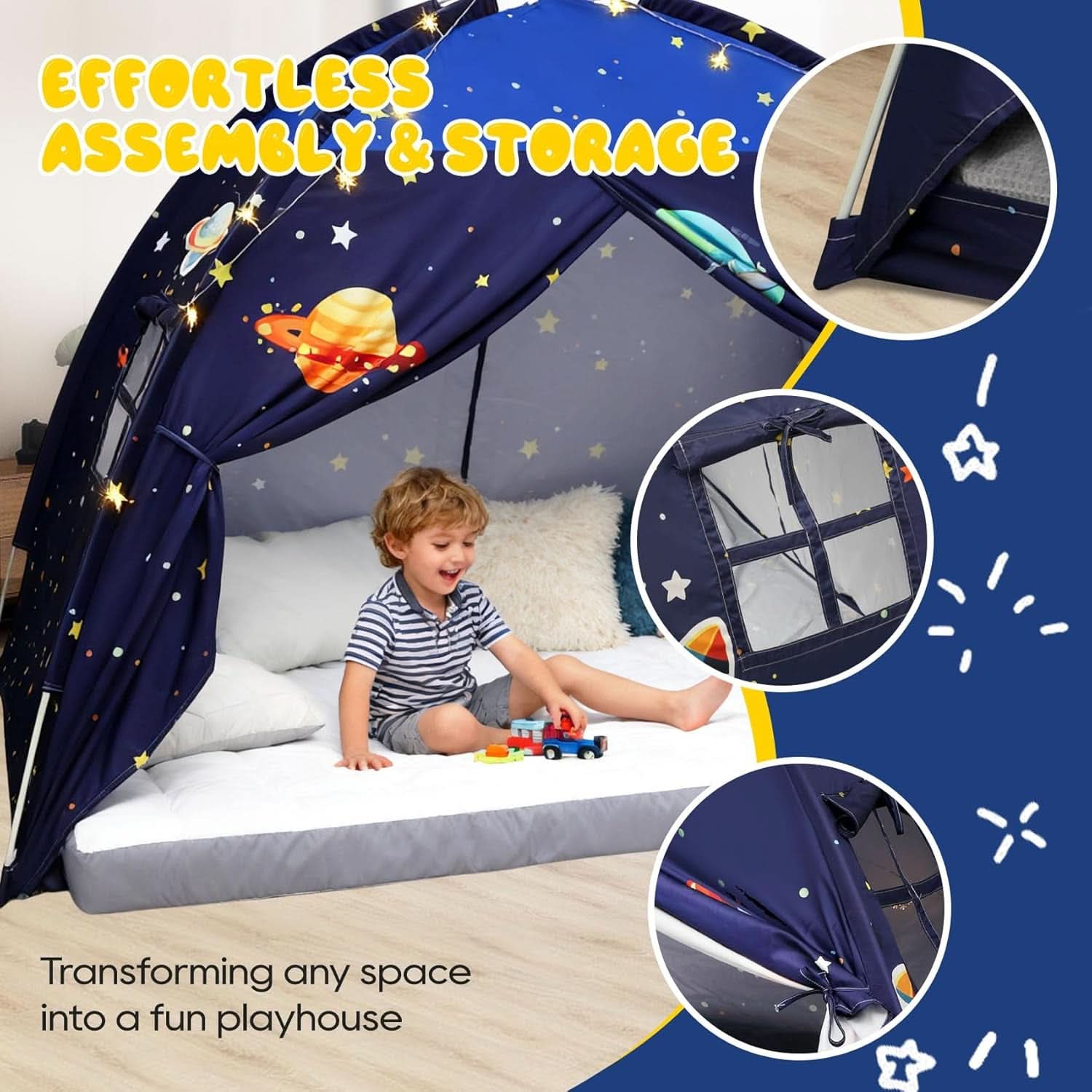 Twin Bed Tent Canopy Blue Black out Privacy Indoor Play house For Kids