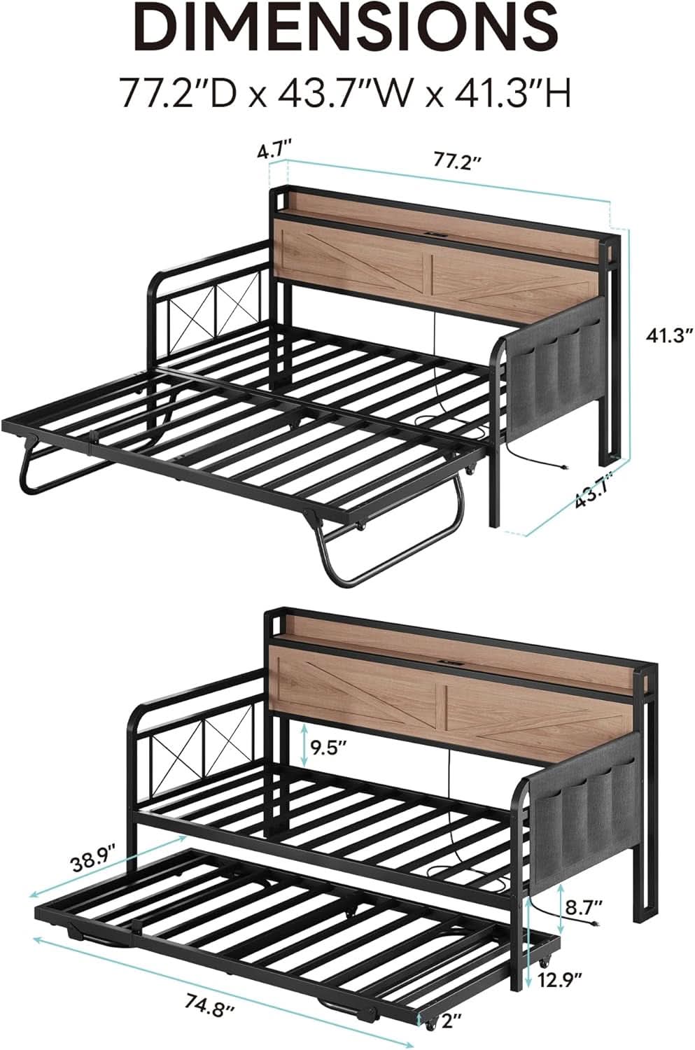 Twin Daybed With Trundle And Charging Station In Natural Wood