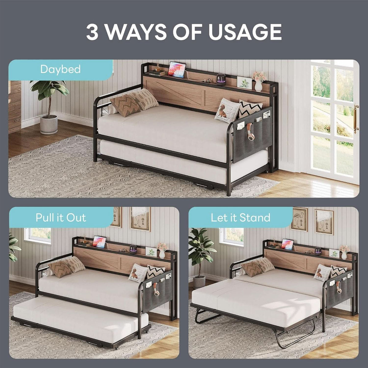 Twin Daybed With Trundle And Charging Station In Natural Wood