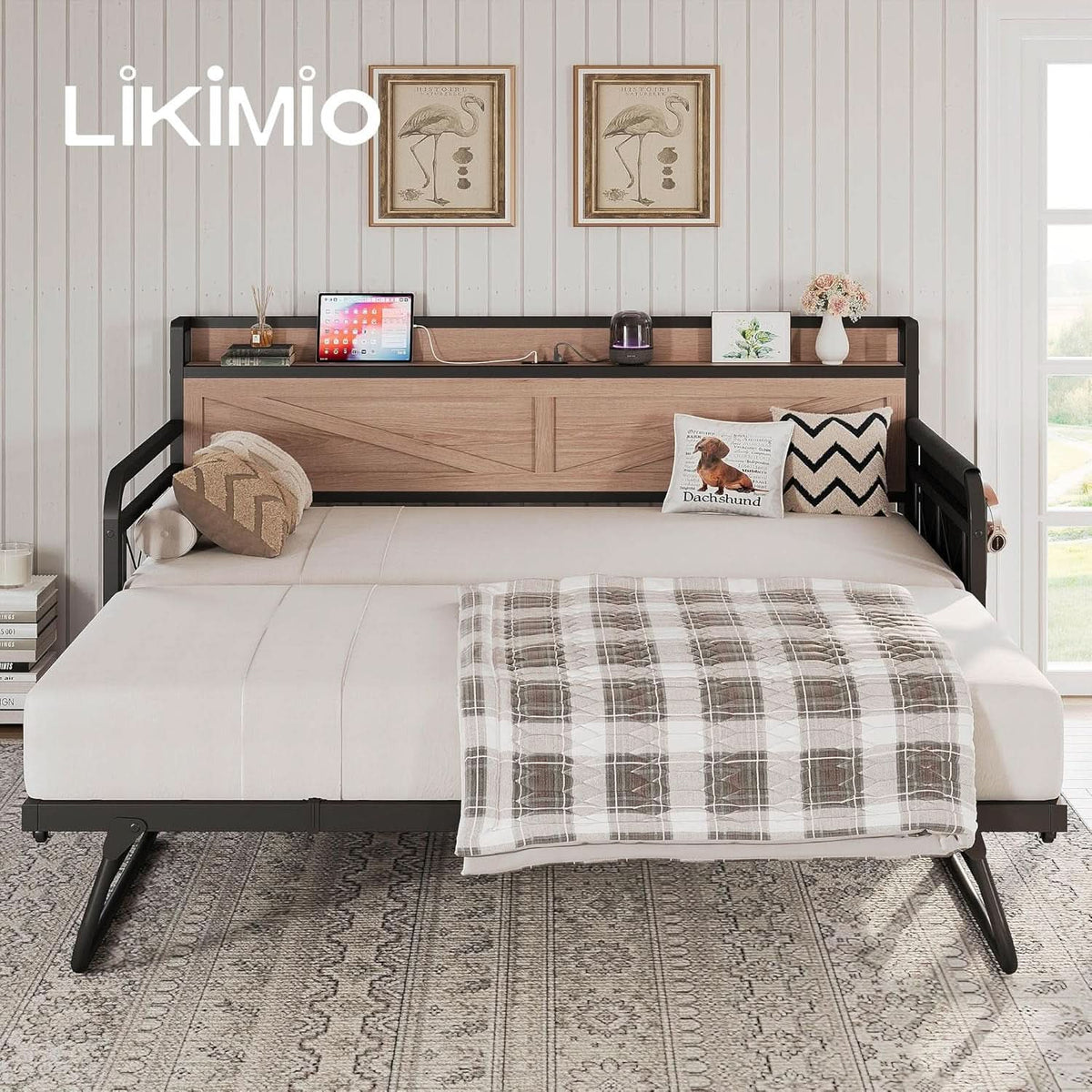 Twin Daybed With Trundle And Charging Station In Natural Wood