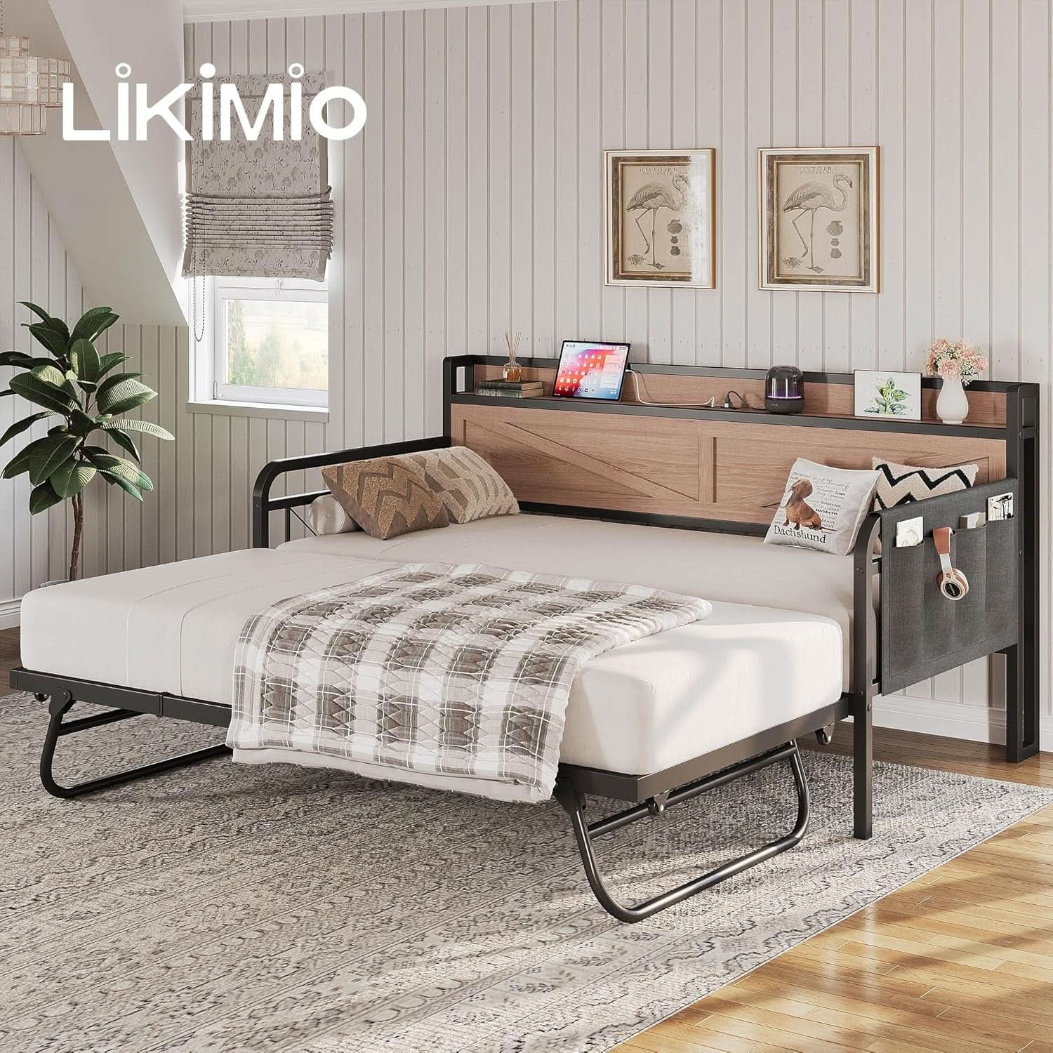 Twin Daybed With Trundle And Charging Station In Natural Wood