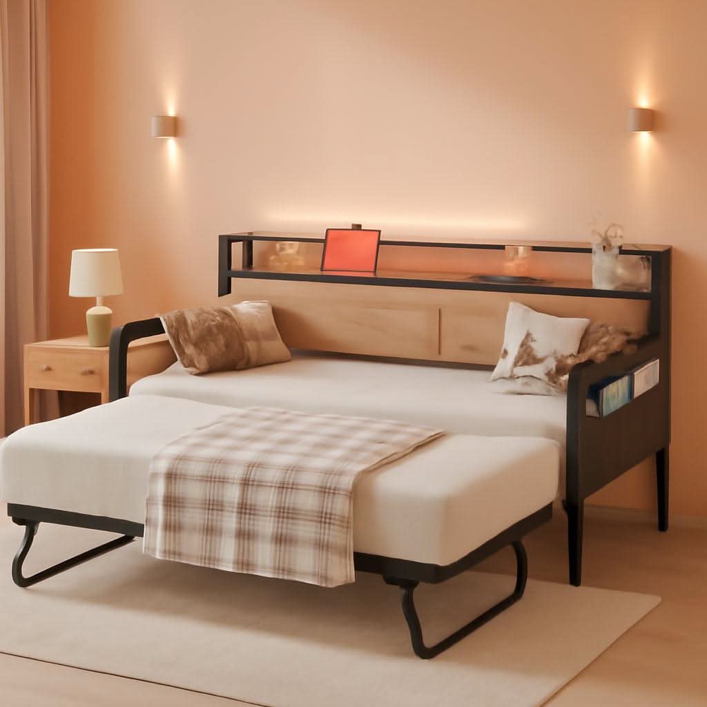 Twin Daybed With Trundle And Charging Station In Natural Wood