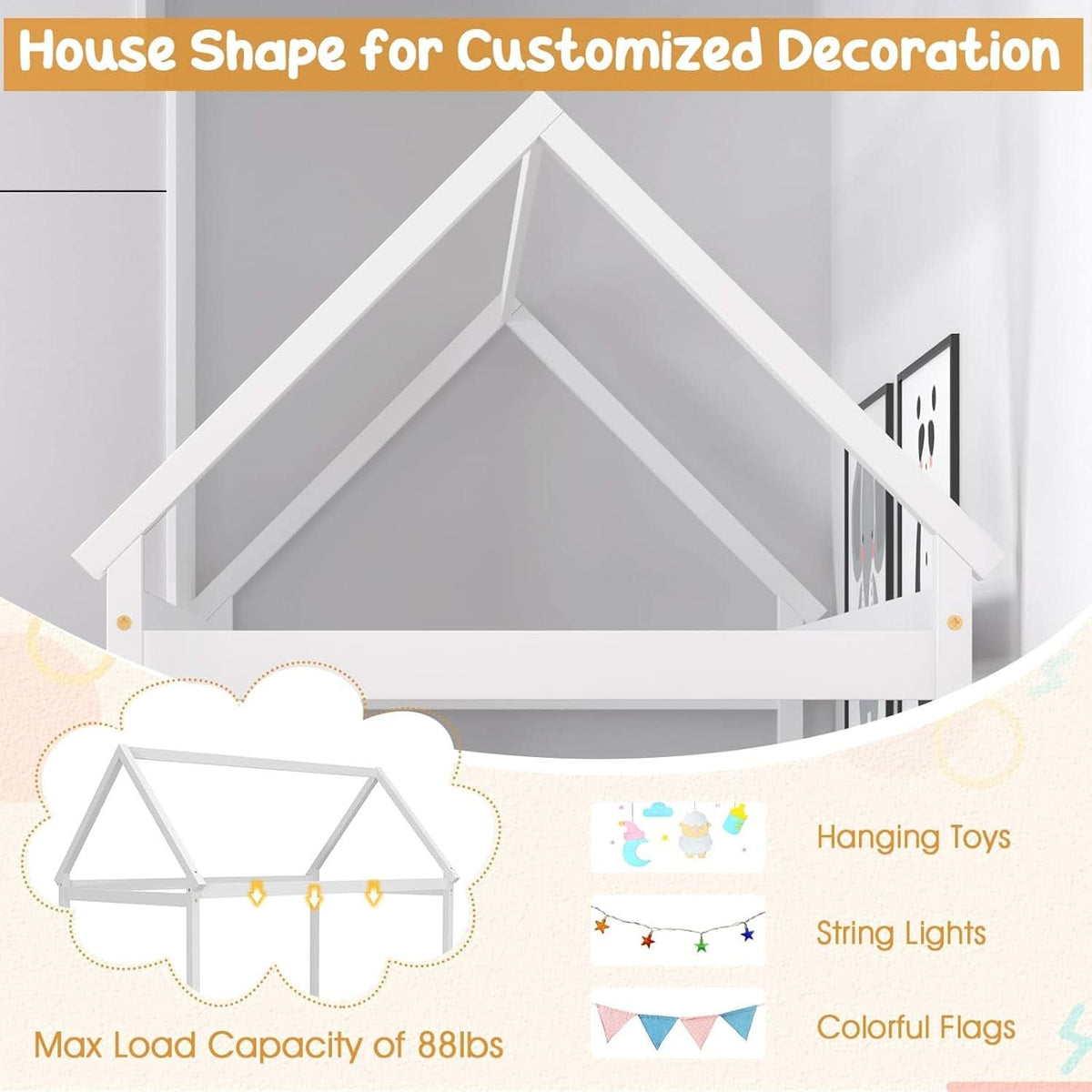 Twin House Bed Frame With Roof Canopy Montessori For Kids