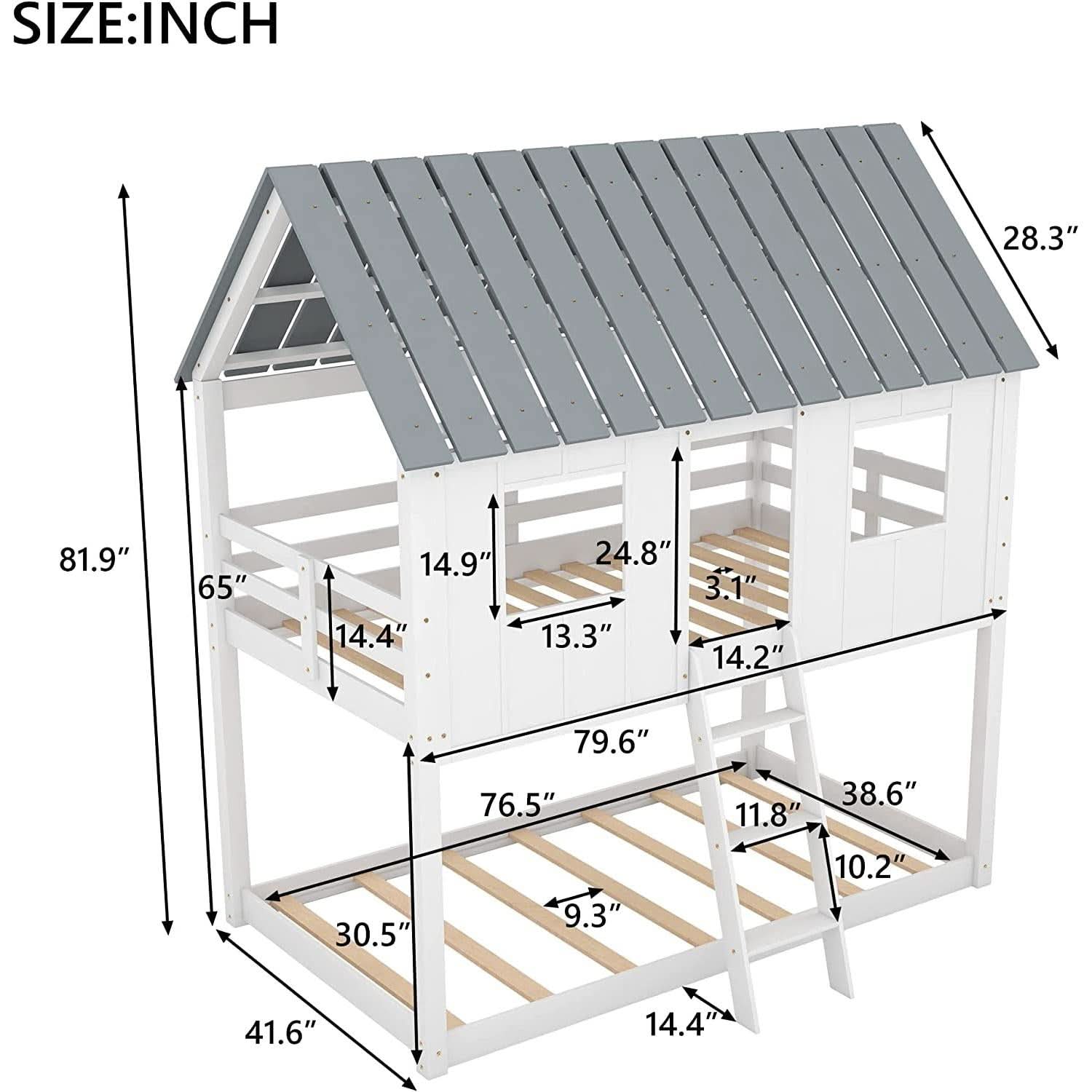 Twin House Bunk Bed With Playhouse White And Gray Finish