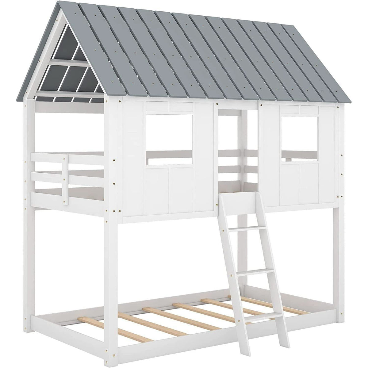 Twin House Bunk Bed With Playhouse White And Gray Finish