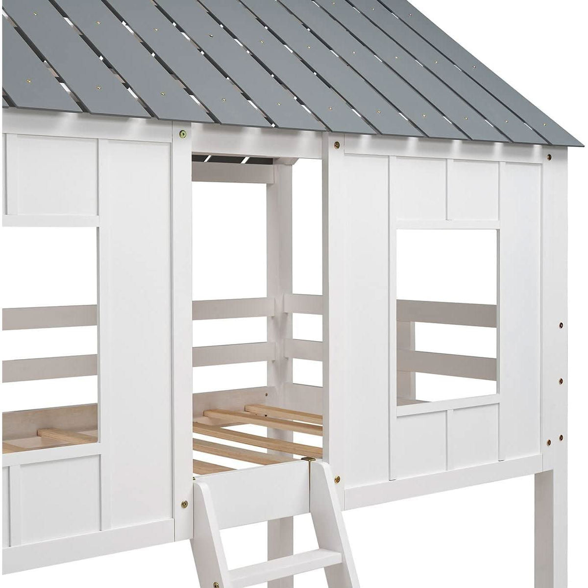 Twin House Bunk Bed With Playhouse White And Gray Finish