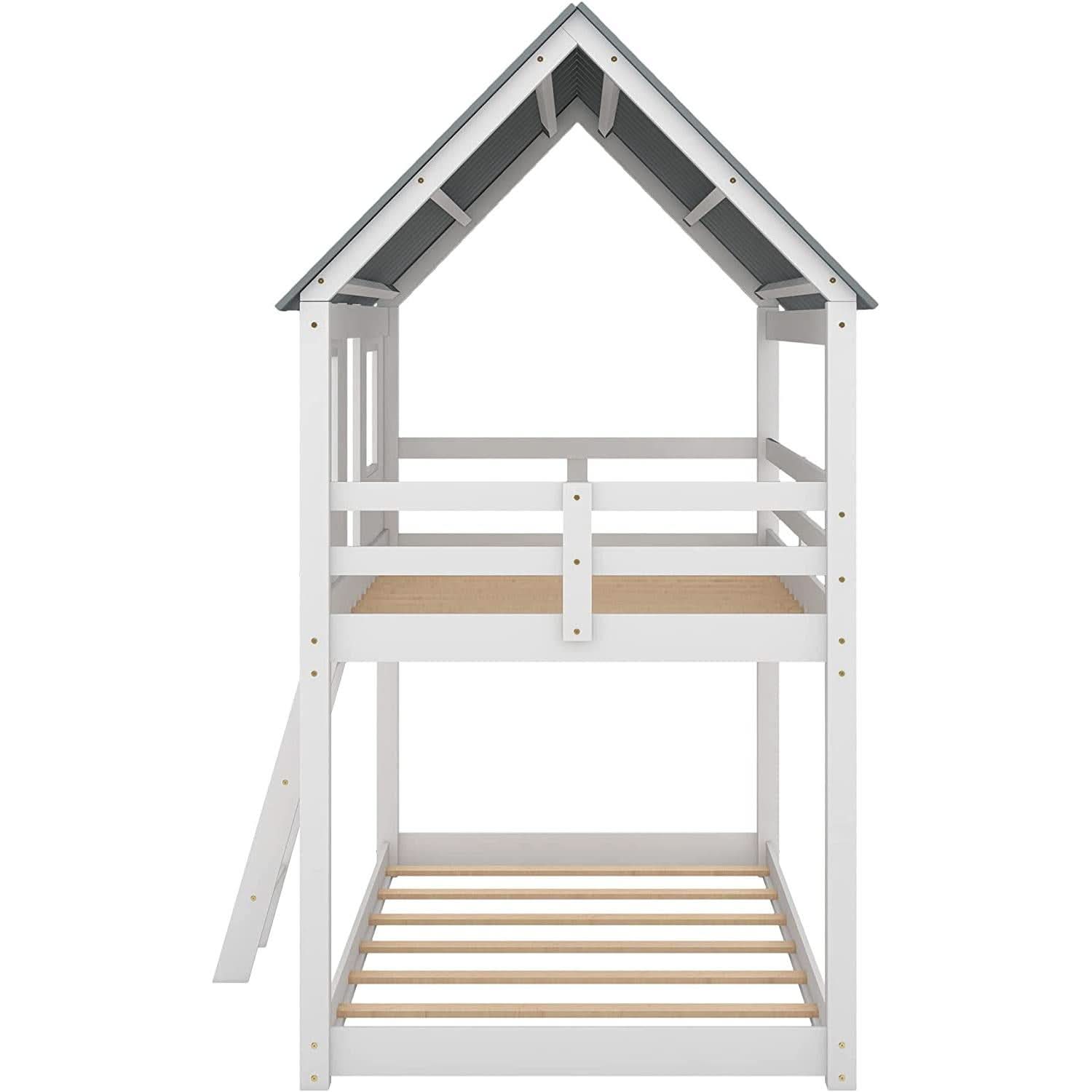 Twin House Bunk Bed With Playhouse White And Gray Finish