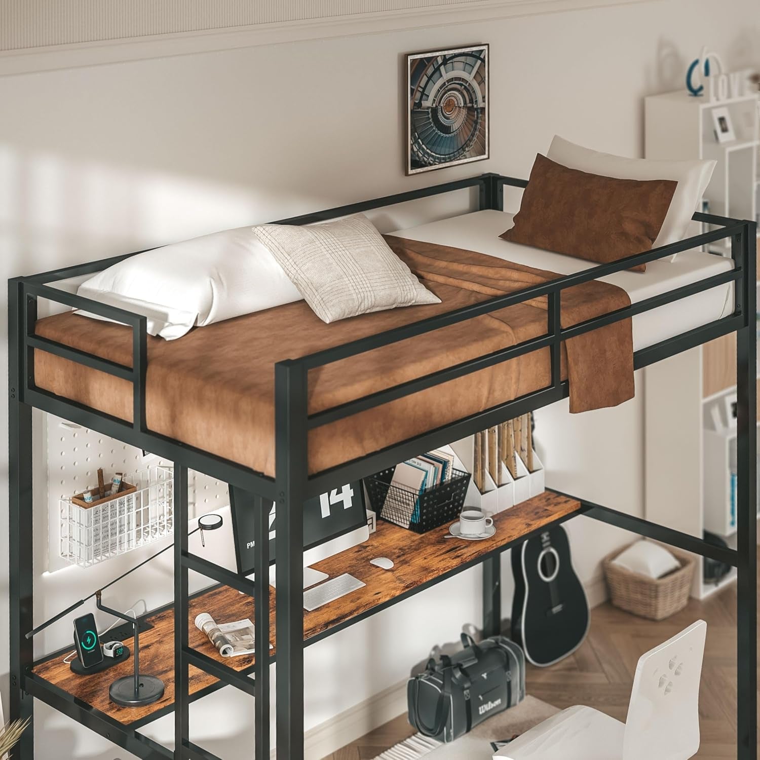 Twin Loft Bed With Desk And Power Outlet Black Metal Frame
