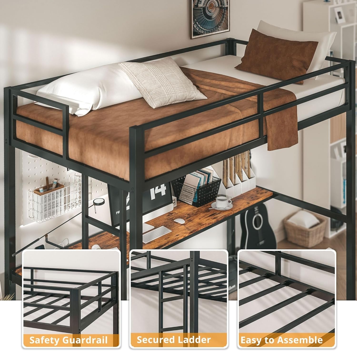 Twin Loft Bed With Desk And Power Outlet Black Metal Frame