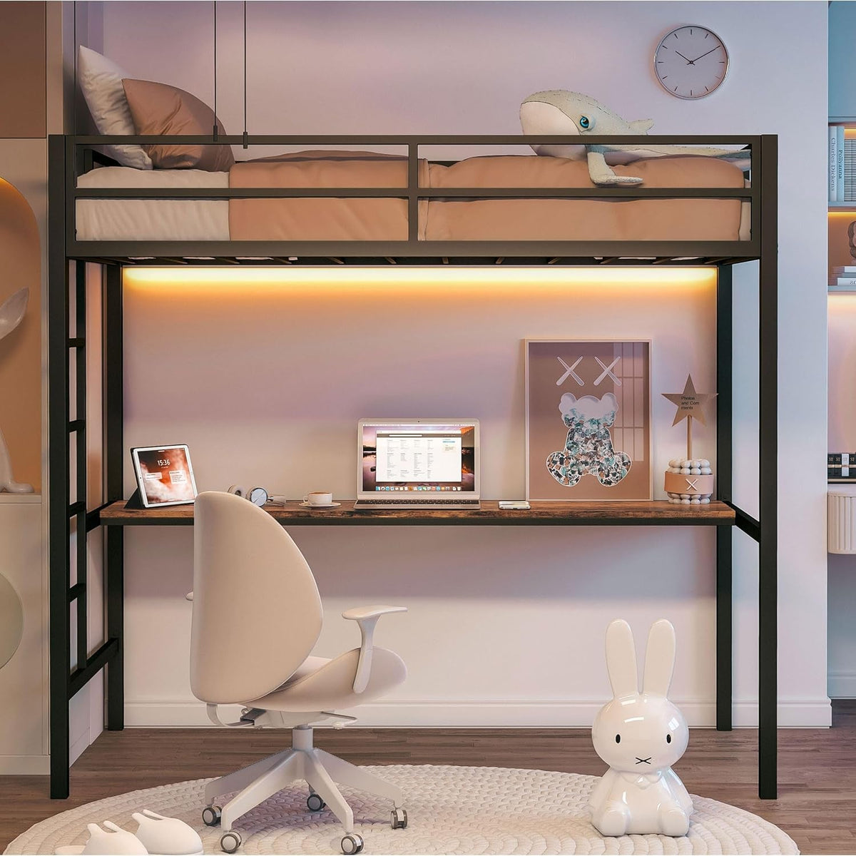 Twin Loft Bed With Desk And Power Outlet Black Metal Frame