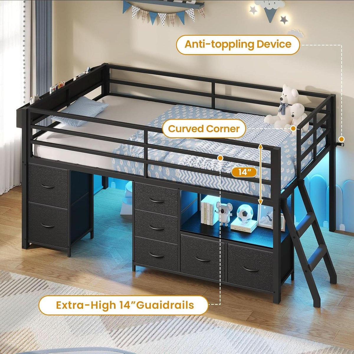 Twin Loft Bed With LED Lights And Storage Drawers Included