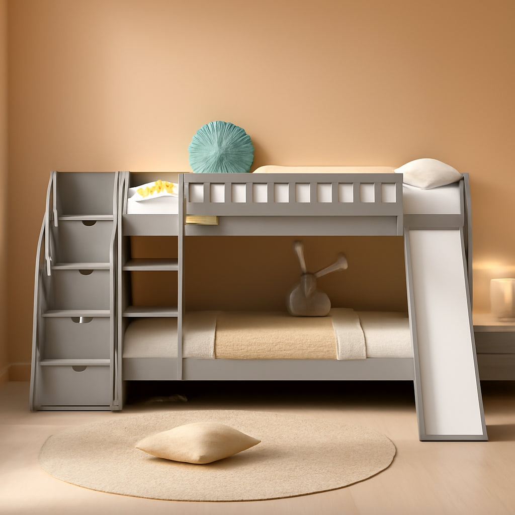 Twin Metal Bunk Bed With Guard Rail And Space Saver