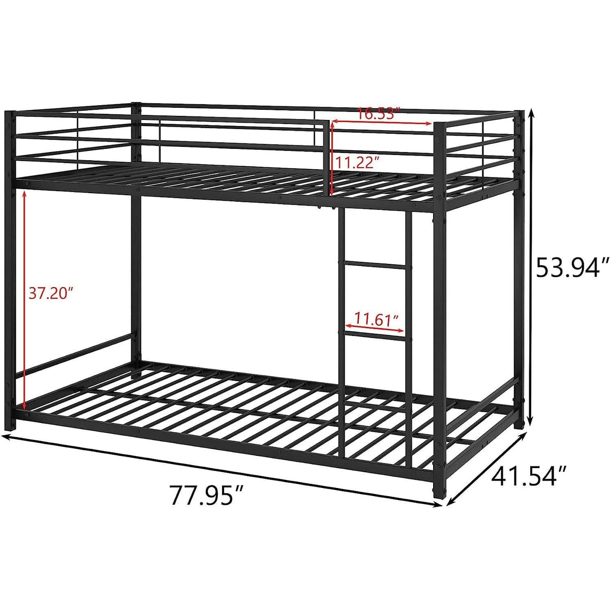 Twin Metal Low Bunk Bed With Guard Rails And Ladder