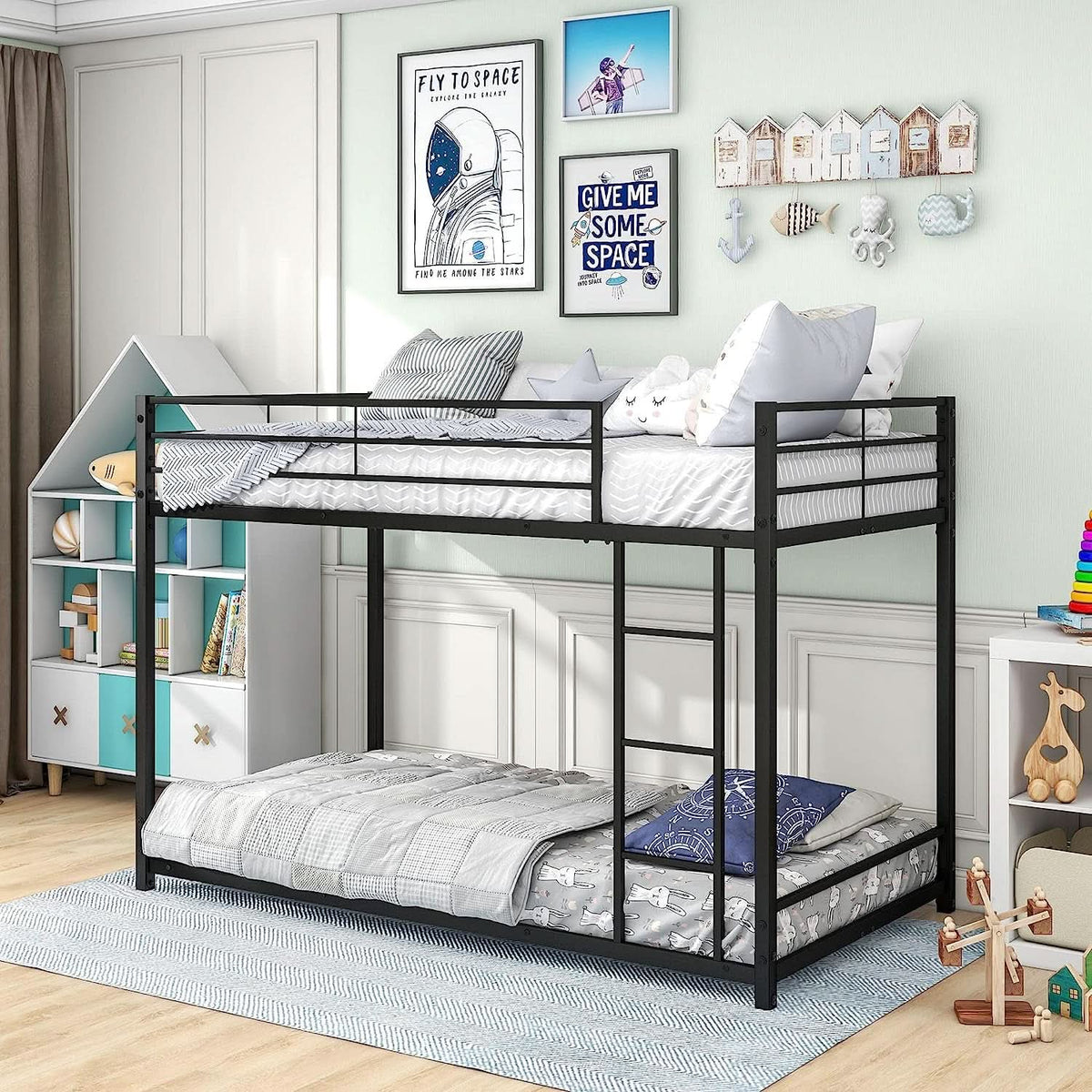 Twin Metal Low Bunk Bed With Guard Rails And Ladder