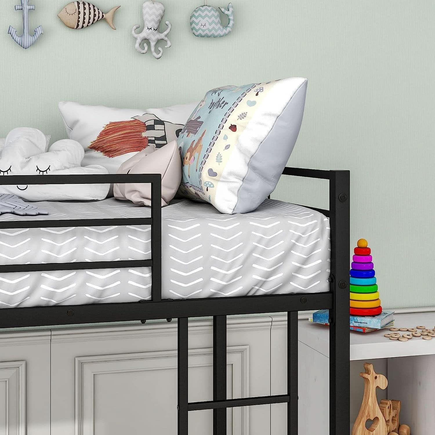 Twin Metal Low Bunk Bed With Guard Rails And Ladder