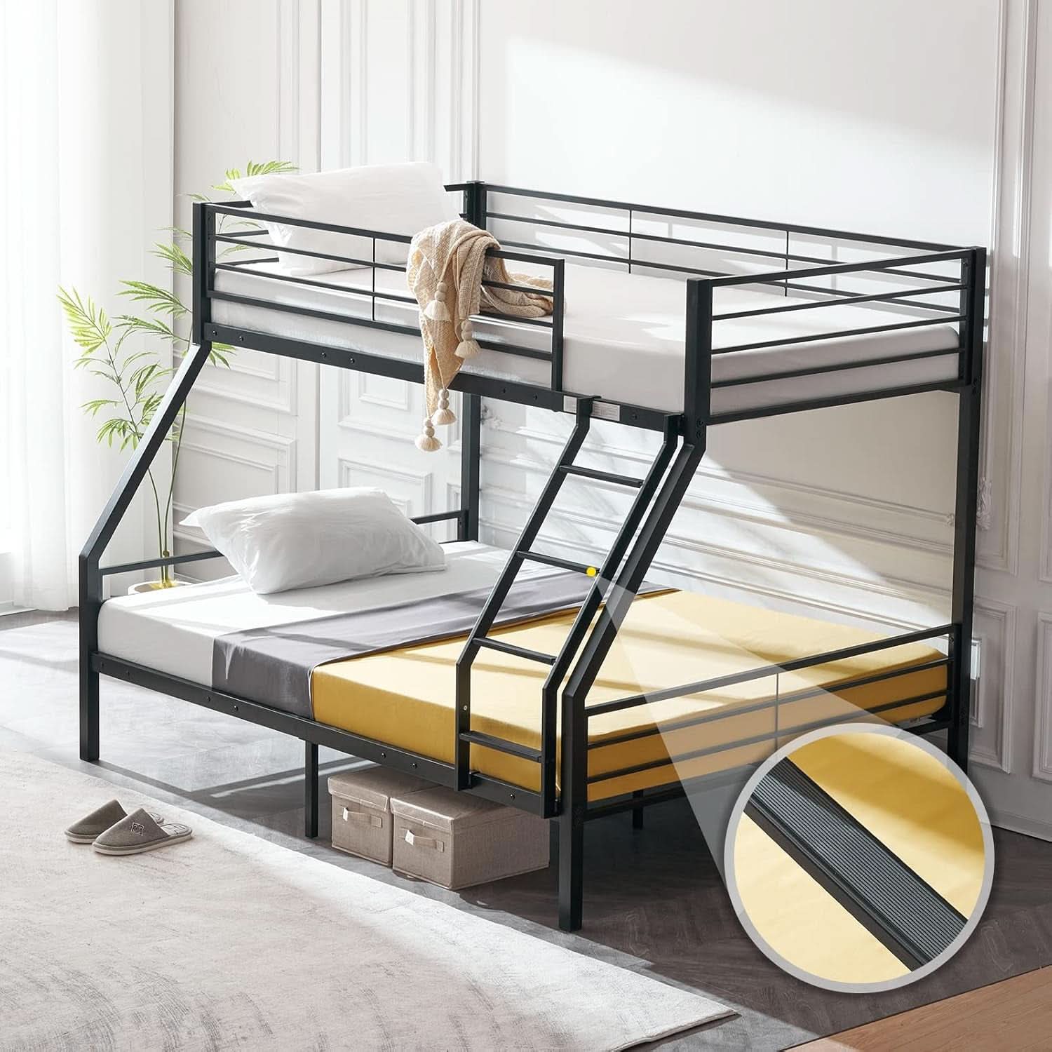 Twin Over Full Bunk Bed Black With Flat Steps Heavy Slats