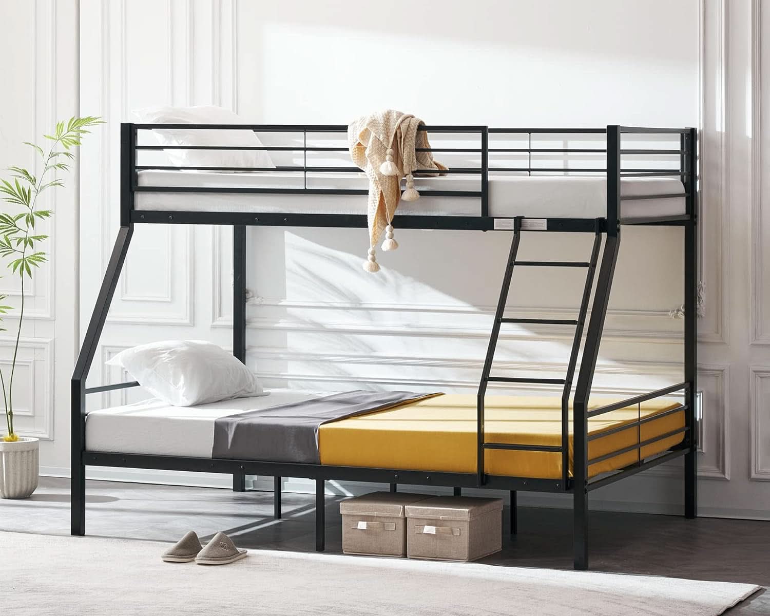 Twin Over Full Bunk Bed Black With Flat Steps Heavy Slats