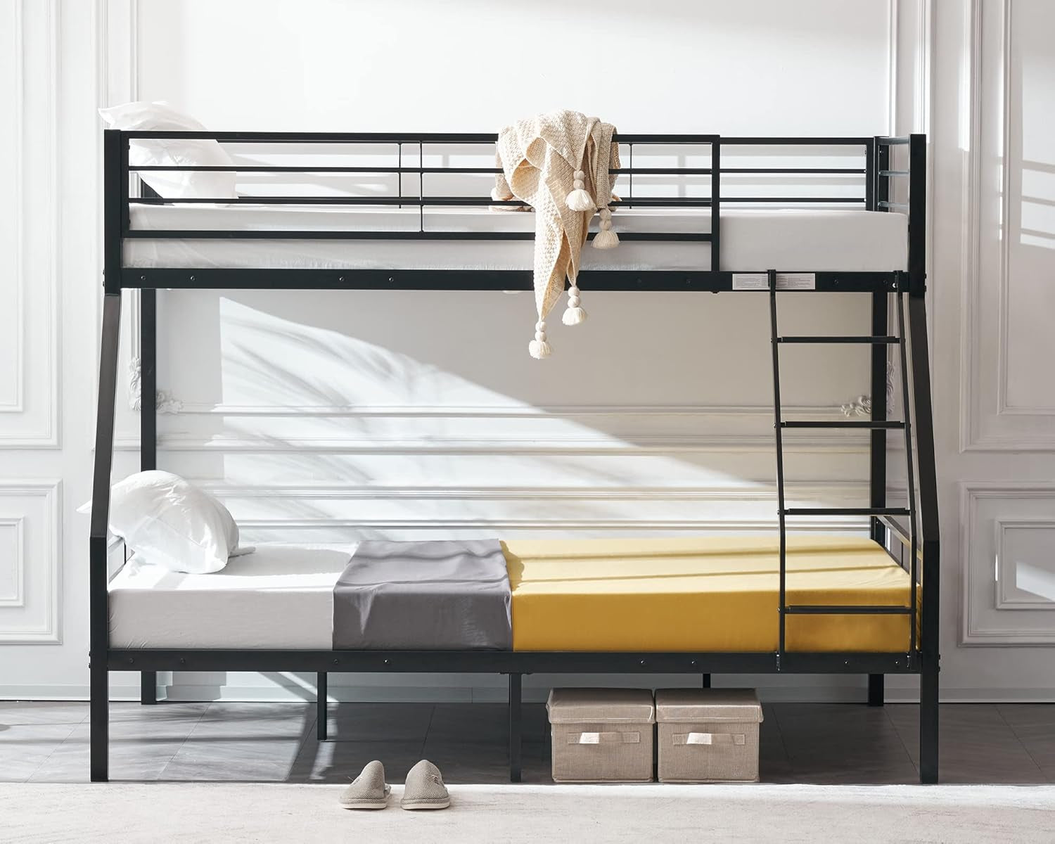 Twin Over Full Bunk Bed Black With Flat Steps Heavy Slats