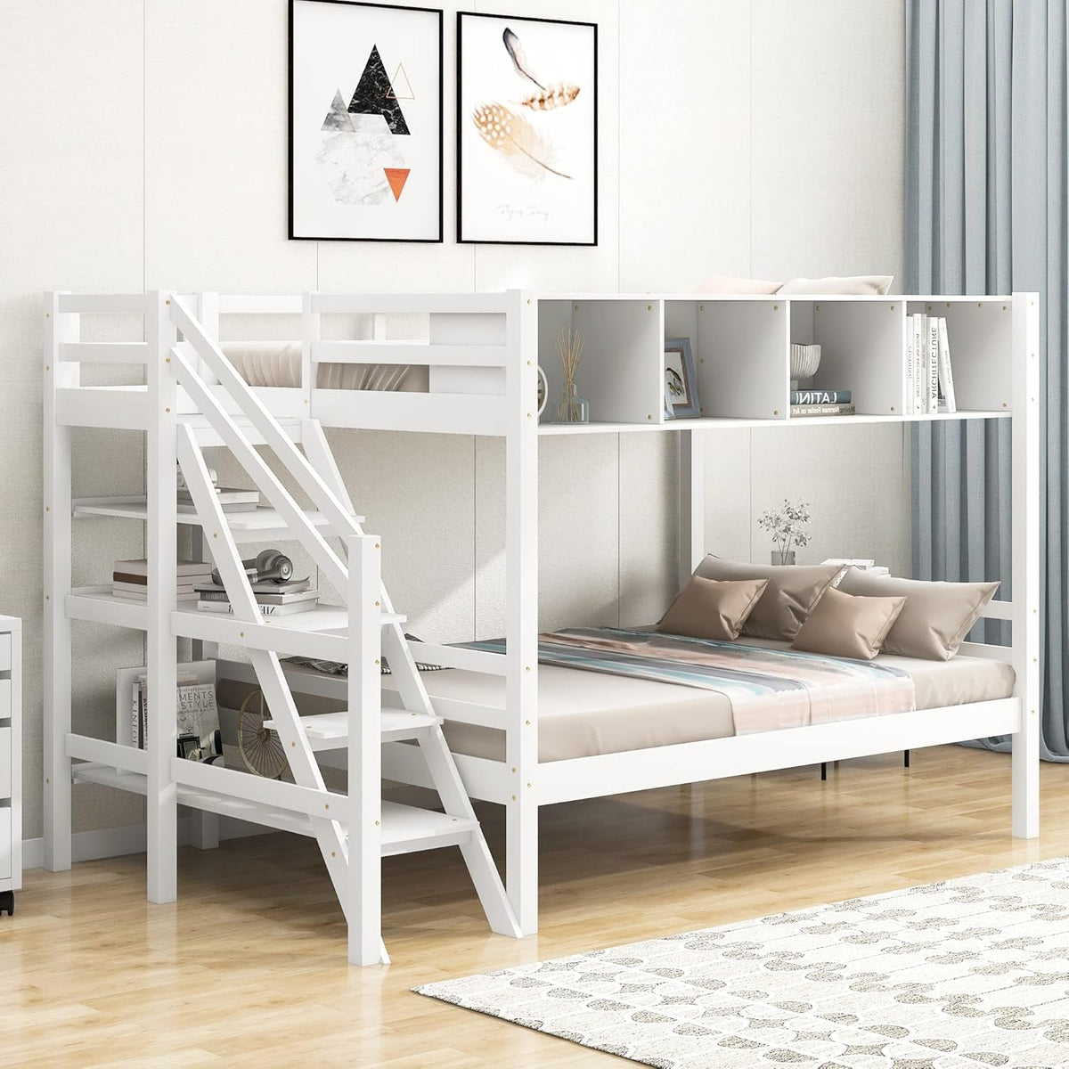Twin Over Full Bunk Bed With Staircase And White Cabinets