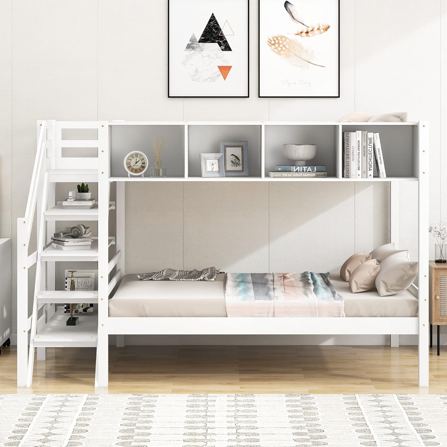 Twin Over Full Bunk Bed With Staircase And White Cabinets