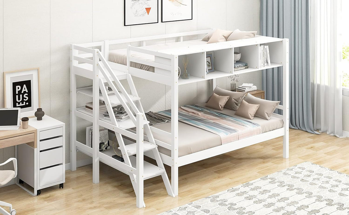 Twin Over Full Bunk Bed With Staircase And White Cabinets