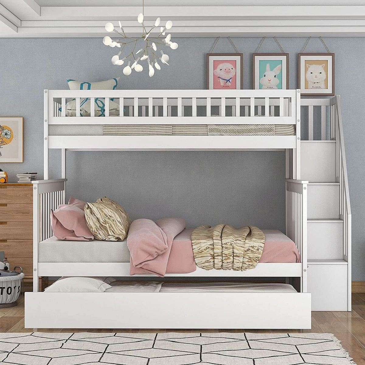 Twin Over Full Bunk Bed With Stairs And Trundle White Wood