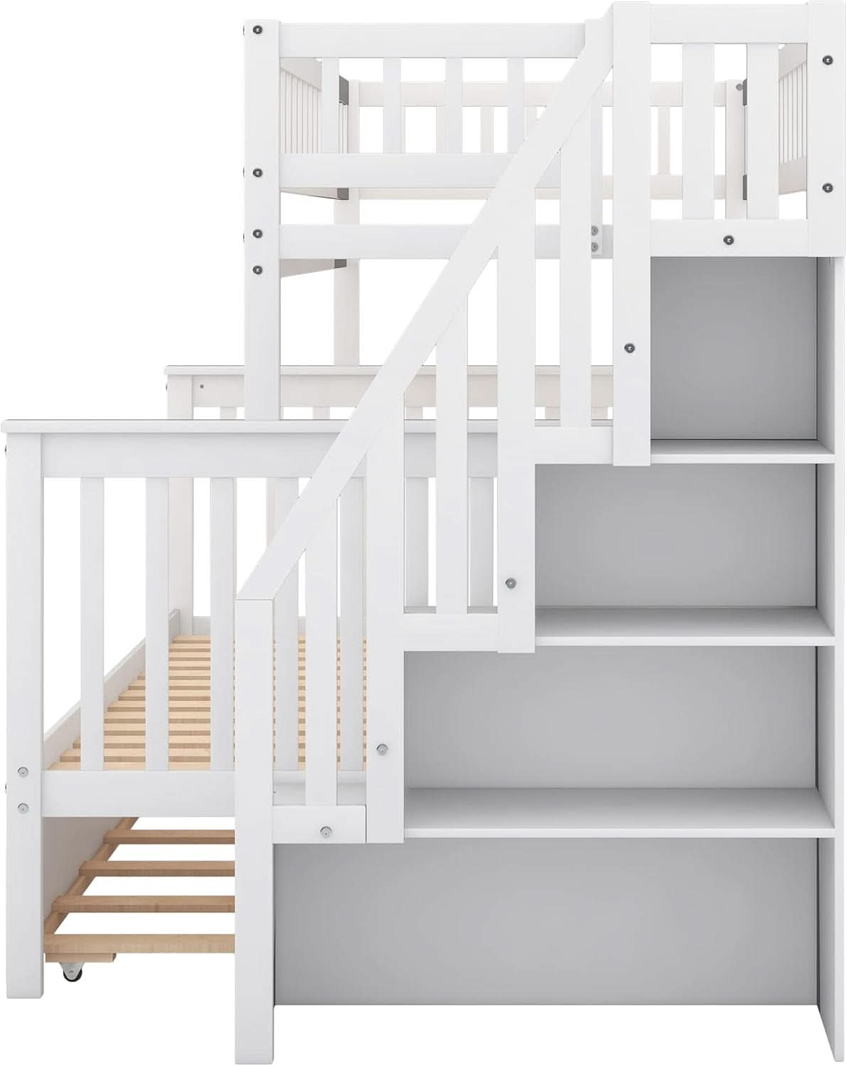 Twin Over Full Bunk Bed With Stairs And Trundle White Wood