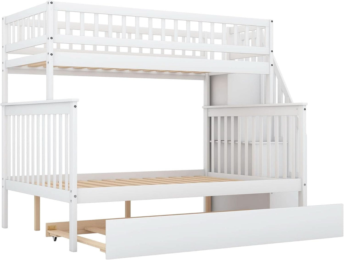 Twin Over Full Bunk Bed With Stairs And Trundle White Wood