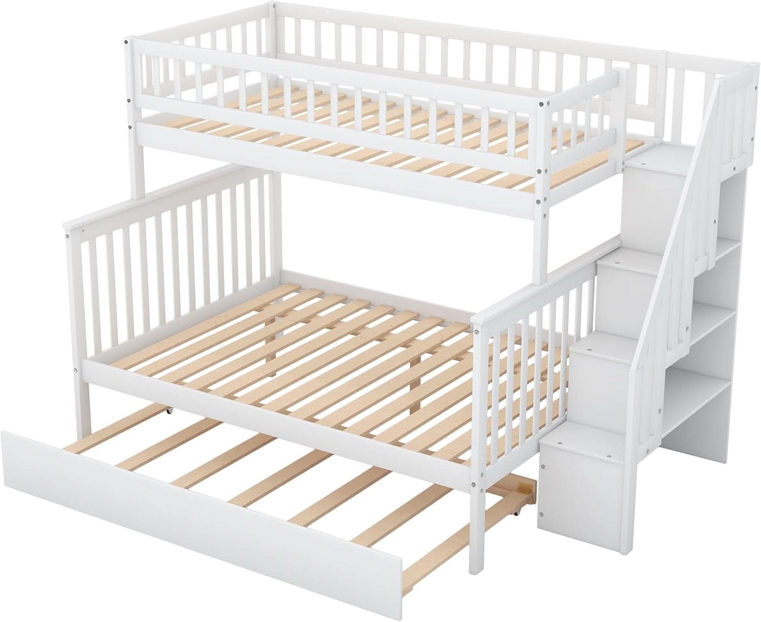 Twin Over Full Bunk Bed With Stairs And Trundle White Wood