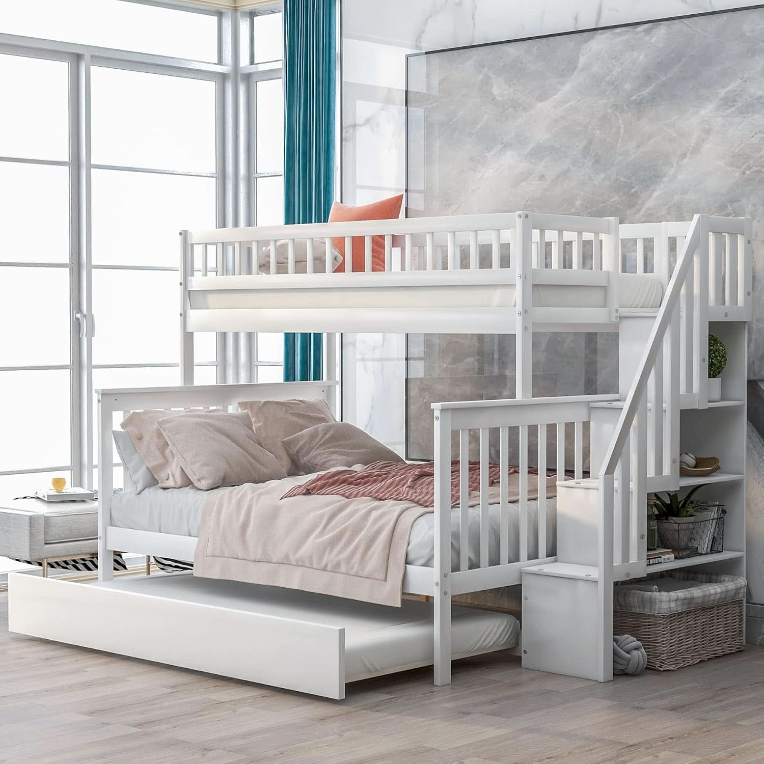Twin Over Full Bunk Bed With Stairs And Trundle White Wood