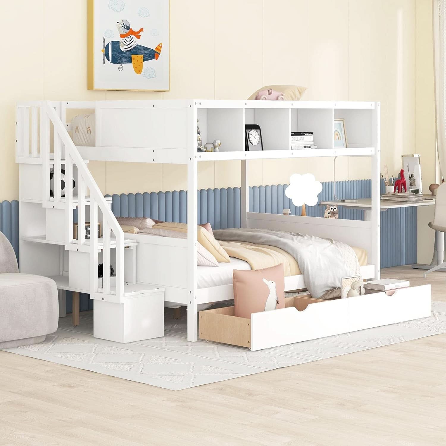 Twin Over Full Bunk Bed With Storage Shelves And Staircase