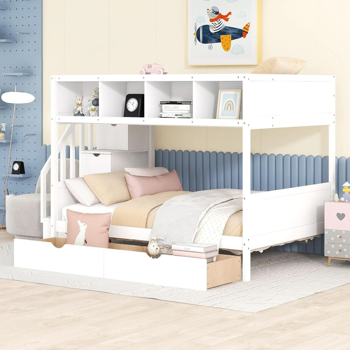 Twin Over Full Bunk Bed With Storage Shelves And Staircase