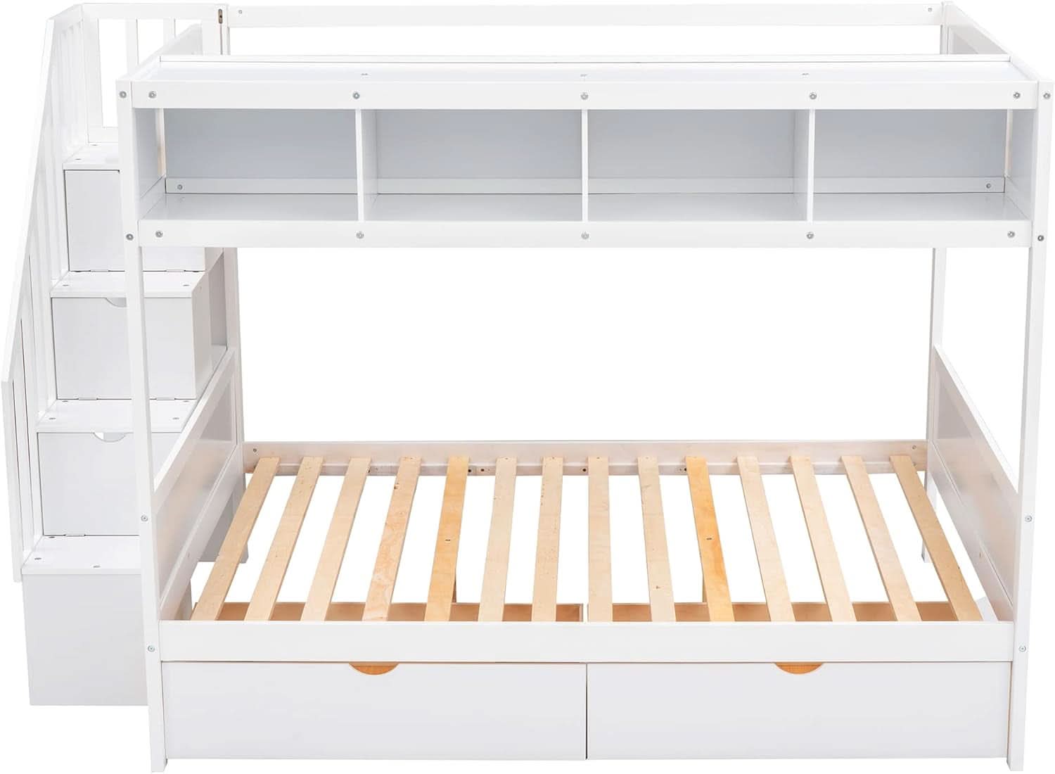 Twin Over Full Bunk Bed With Storage Shelves And Staircase