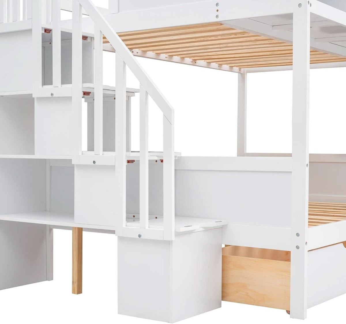 Twin Over Full Bunk Bed With Storage Shelves And Staircase