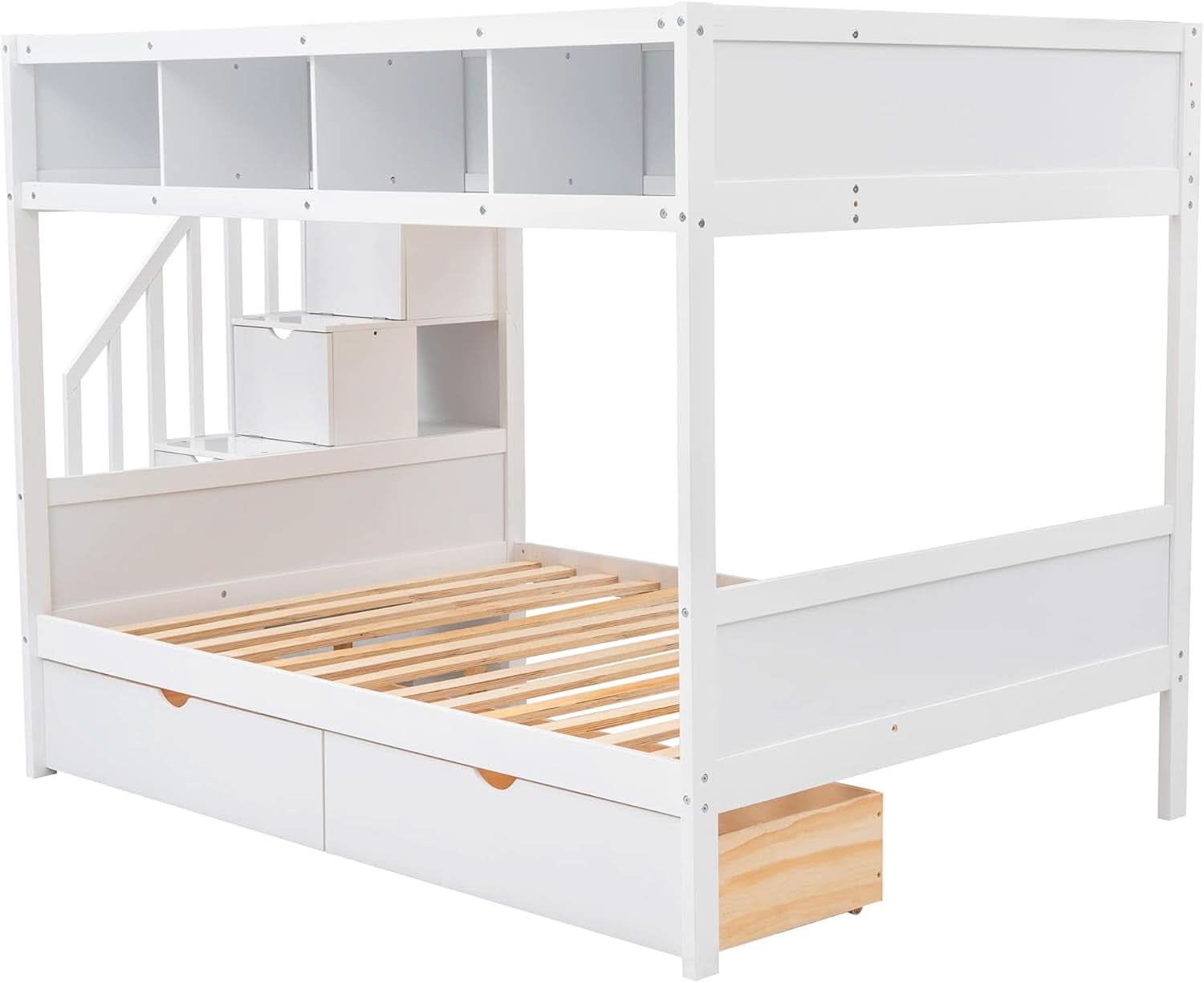 Twin Over Full Bunk Bed With Storage Shelves And Staircase